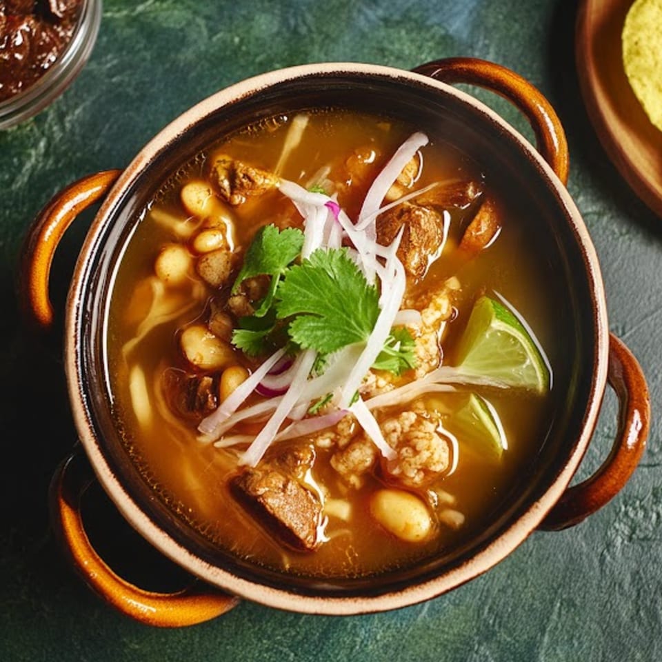 Hearty Mexican soup in a rustic bowl, garnished with cilantro, sliced onions, and lime.