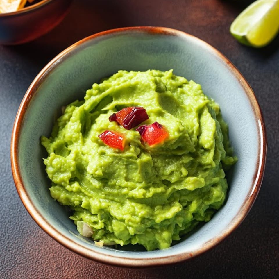 A bowl of La Estrella Taqueria's vibrant green guacamole, topped with diced red tomatoes.
